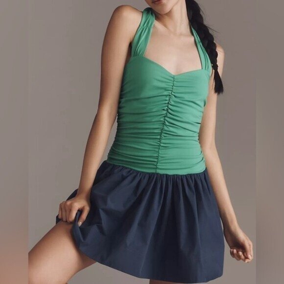 NWT Size M -Anthropologie Halter Twofer Mini Dress in Green & Blue (NWT US$168) - Picture 1 of 16